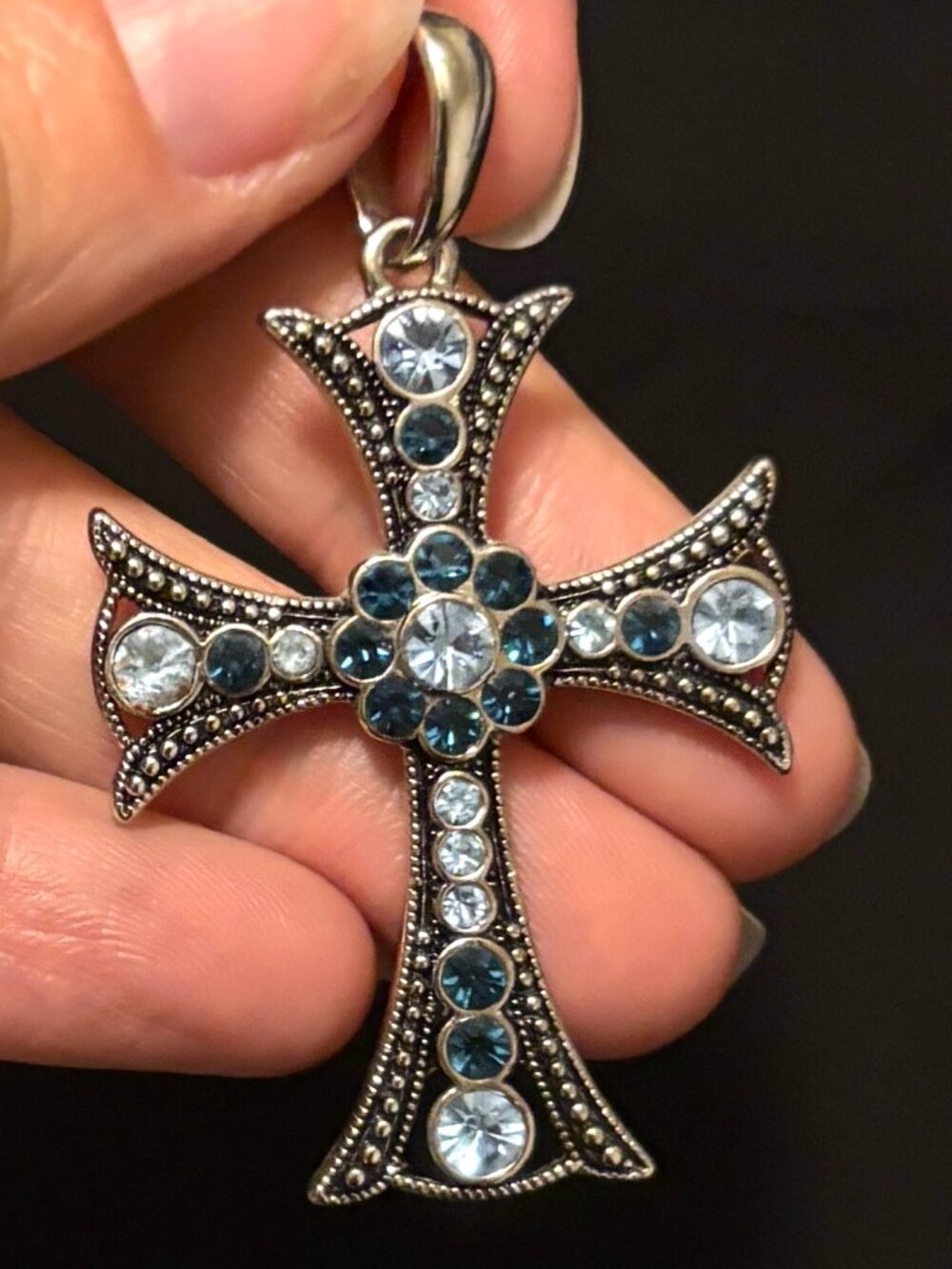 Vintage Inspired Blue Clear Crystal Silver Tone Cross Pendant